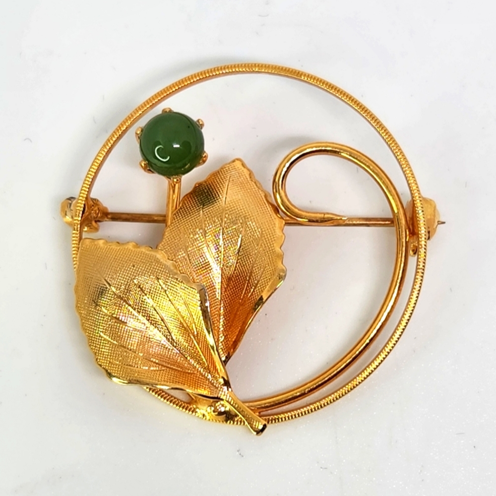 Vintage Gold Tone Floral Flower Vine Swirl Deco Jade Sphere Mint Condition MCM